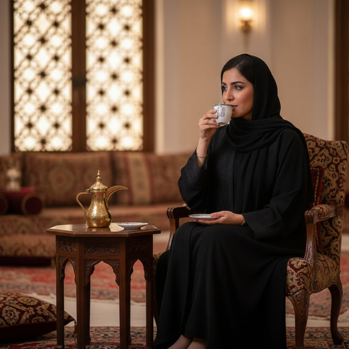 Woman in black abaya sitting in a decorated room, holding a cup.