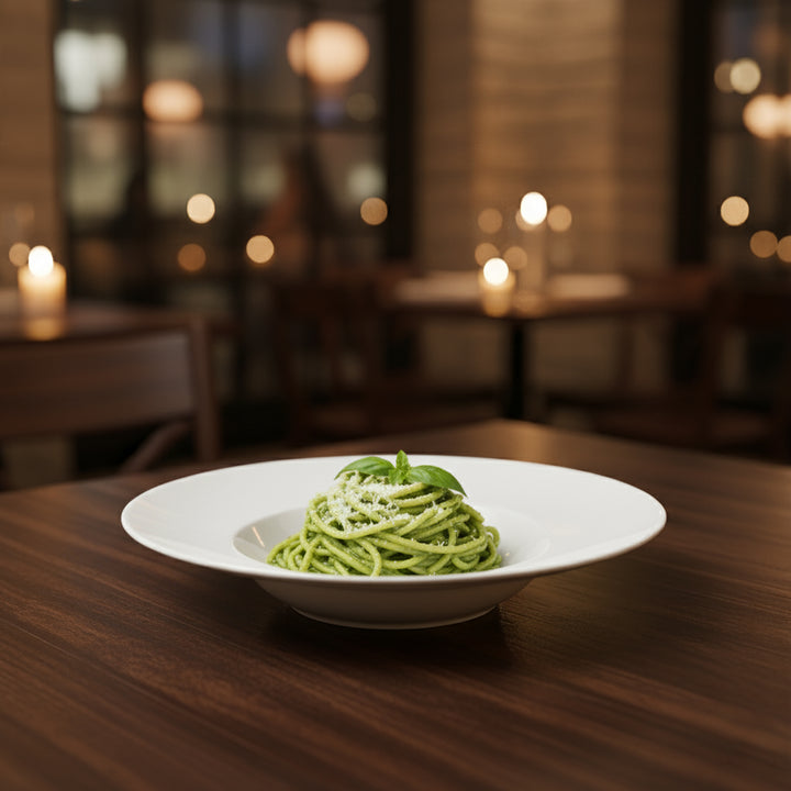 Green pasta dish on a white plate with a blurred restaurant setting in the background