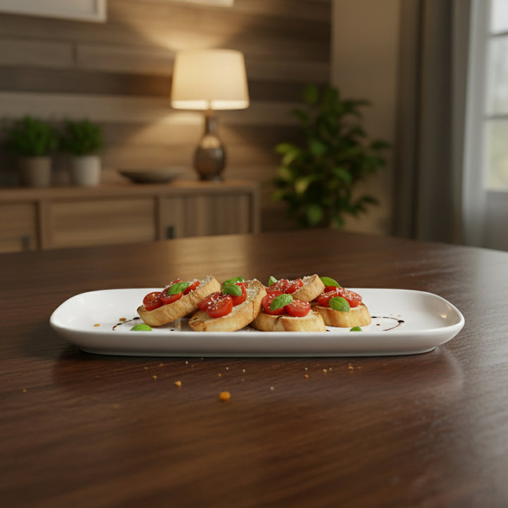 Platter of bruschetta on a wooden table with a blurred background