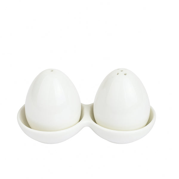 Two white ceramic salt and pepper set in a holder on a white background