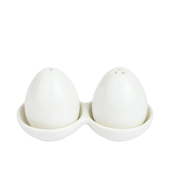 Two white ceramic salt and pepper set in a holder on a white background