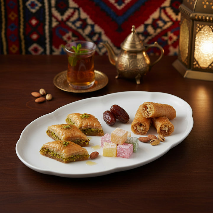 Assorted pastries and tea on a white plate with a decorative background