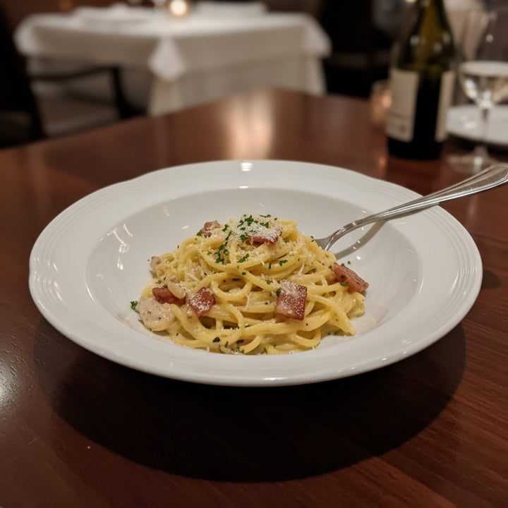 Plate of spaghetti carbonara on a wooden table with a blurred background