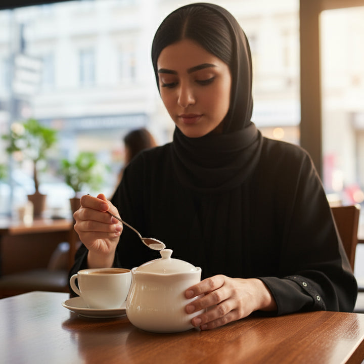 Woman in a hijab sitting at a table in a cafe, holding a teapot and a cup.
