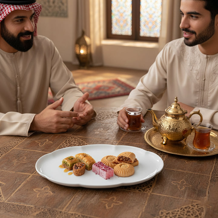 Two men sitting at a table with a plate of pastries and teacups in a warm, indoor setting.