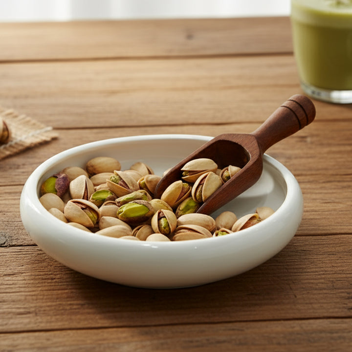 White bowl filled with pistachios on a wooden surface with a wooden scoop.
