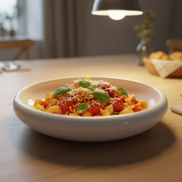 Pasta dish with tomato sauce and basil leaves on a wooden table