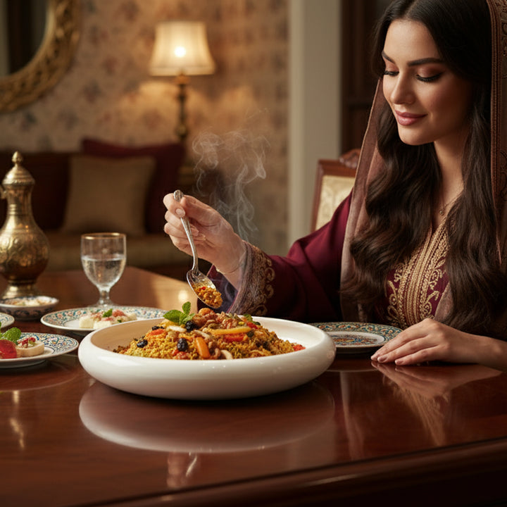 Woman in traditional attire eating a dish of food in a warm, indoor setting.