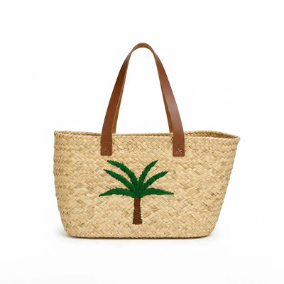 ABRW Handwoven Palm Leaf Tote Bag 25 × 35 cm Natural with Palm Tree Design & Leather Handles Siddiq Gifts