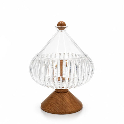 Elegant Clear Acrylic Candy Jar With Lid And Brown Metal Base Measuring 13 × 13 Cm, Ideal For Serving Candies, Chocolates, Dates, Nuts, Sweets, And Treats At Siddiq Gifts.