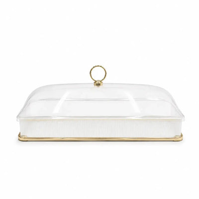 Elegant Acrylic Long Tray With A Clear Lid And Gold Accents, Measuring 41.5 × 19.5 Cm And Ideal For Presenting Sweets, Dates, Chocolates, Pastries, Desserts, And Snacks At Siddiq Gifts.