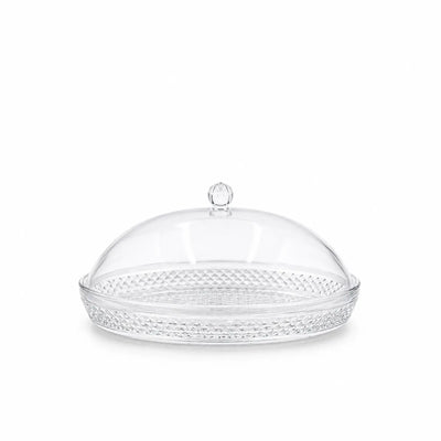 Clear Acrylic Oval Cake Dish With A Protective Dome Lid Measuring 23 × 14 Cm, Designed For Presenting Cakes, Pastries, Desserts, Sweets, And Snacks At Siddiq Gifts.