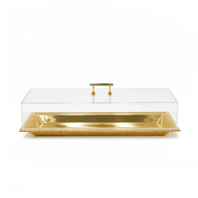 Elegant Acrylic Serving Tray With A Clear Dome Lid And Gold Accents, Measuring 50 × 15.5 Cm And Ideal For Presenting Sweets, Dates, Chocolates, Pastries, And Snacks At Siddiq Gifts.