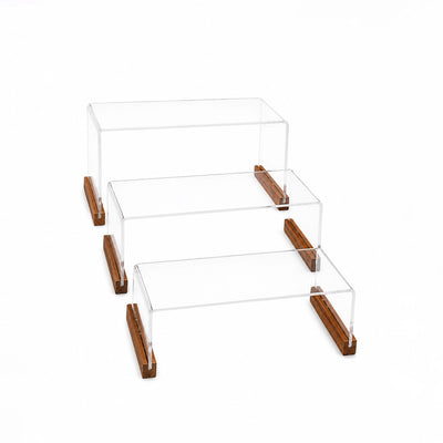 Acrylic Table Stand with Wooden Base Set of 3 Display Risers by Siddiq Gifts