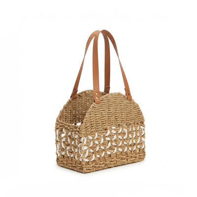 AE-33368 Handwoven Storage Basket with Leather Handles Natural & White Siddiq Gifts