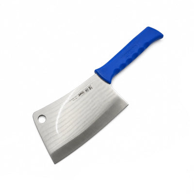 A stainless steel cleaver kitchen knife with a textured blue handle, shown diagonally on a plain white background.