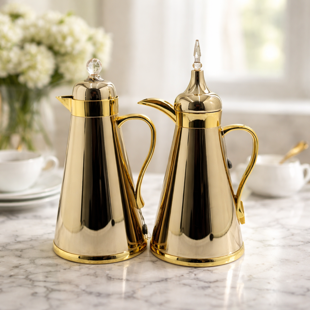 AFP-IG-GCLR vacuum flask set 2 pieces 1L glossy gold thermal flasks with clear crystal lid from Siddiq Gift Shop