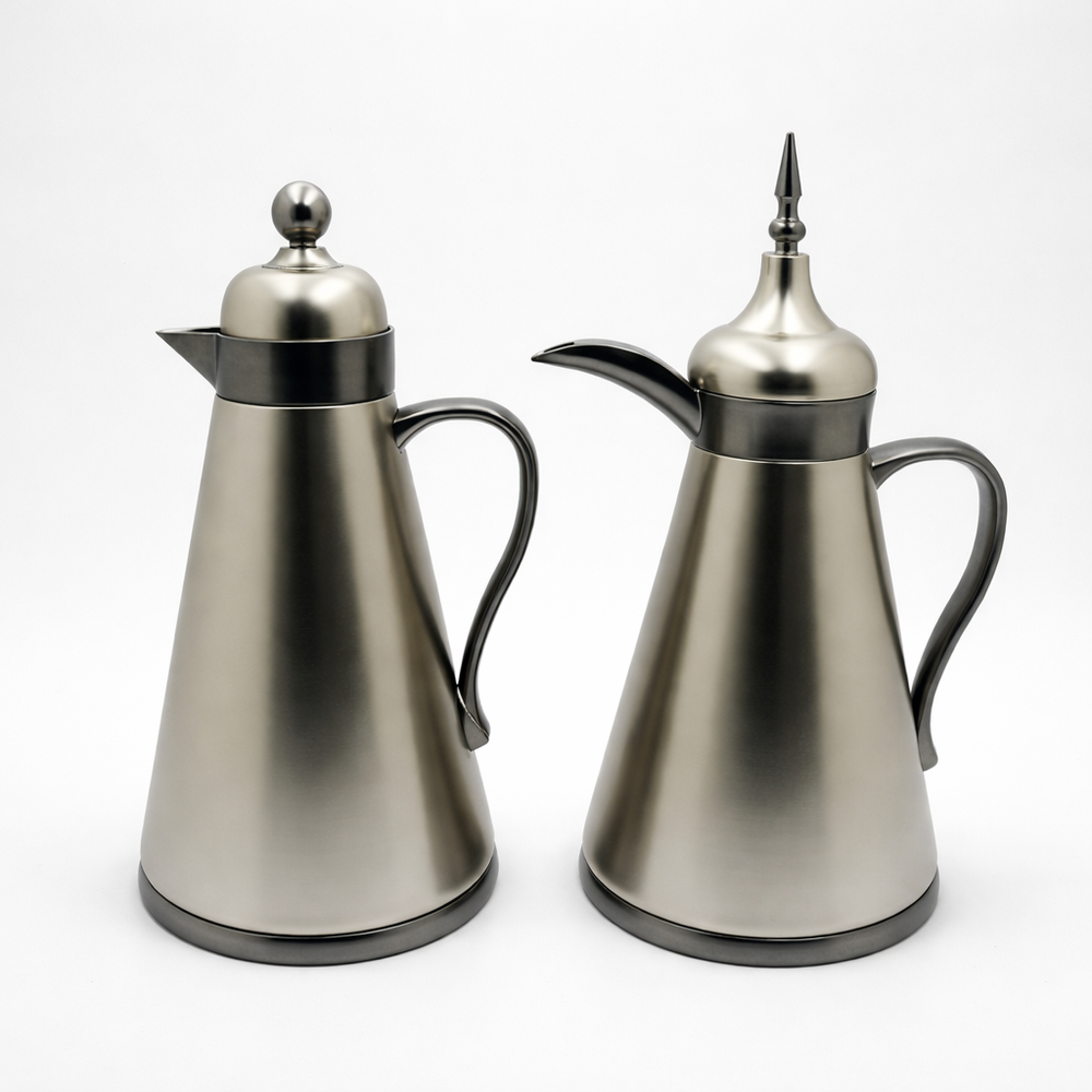 AFP-MN-MBN vacuum flask set 2 pieces 1L matt nickel thermal flasks with black nickel handle from Siddiq Gift Shop