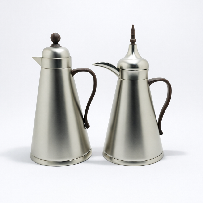 AFP-MN-MDW Vacuum Flask Set – 2 Pieces (1L + 0.75L) – Matt Nickel with Dark Wood Handle