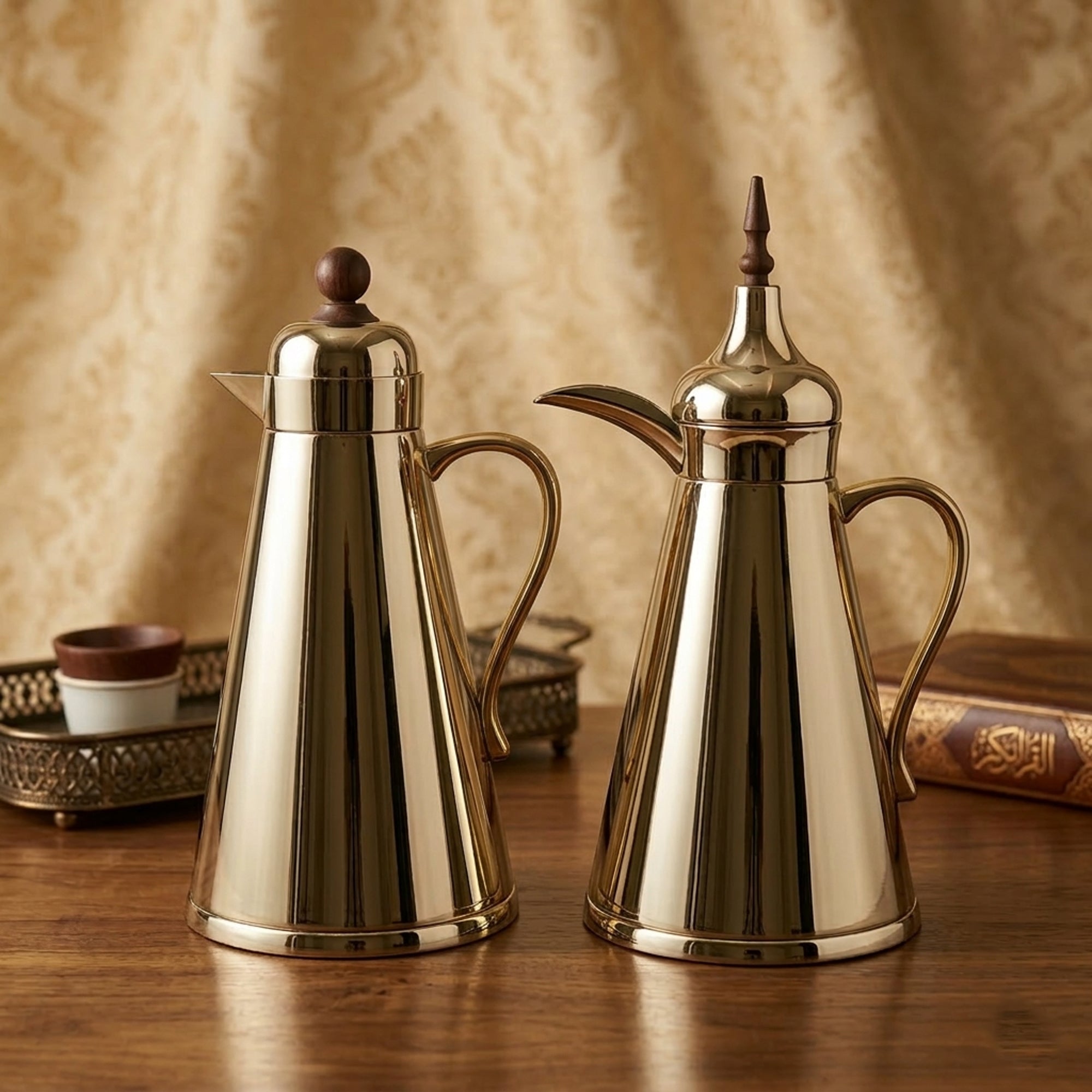 AFP-N-MDW vacuum flask set 2 pieces 1L polished nickel thermal flasks with dark wood handle from Siddiq Gift Shop