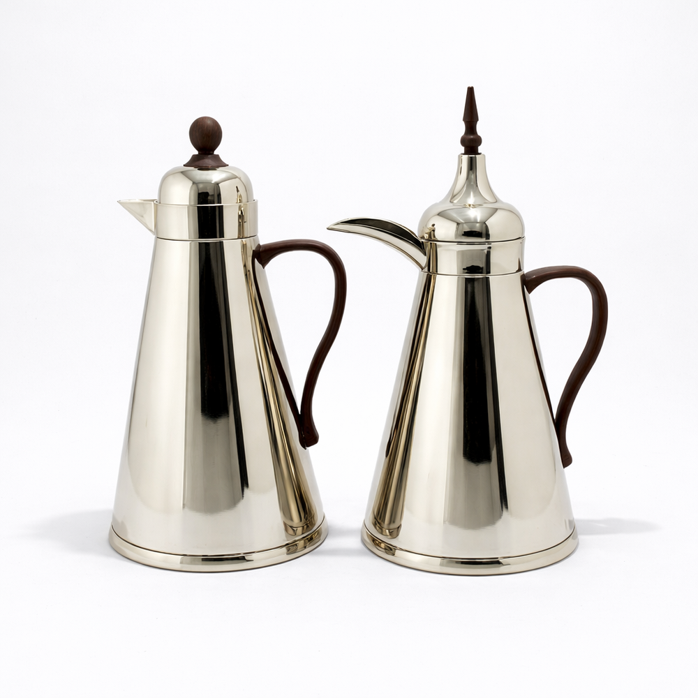 AFP-N-MDW vacuum flask set 2 pieces 1L polished nickel thermal flasks with dark wood handle from Siddiq Gift Shop