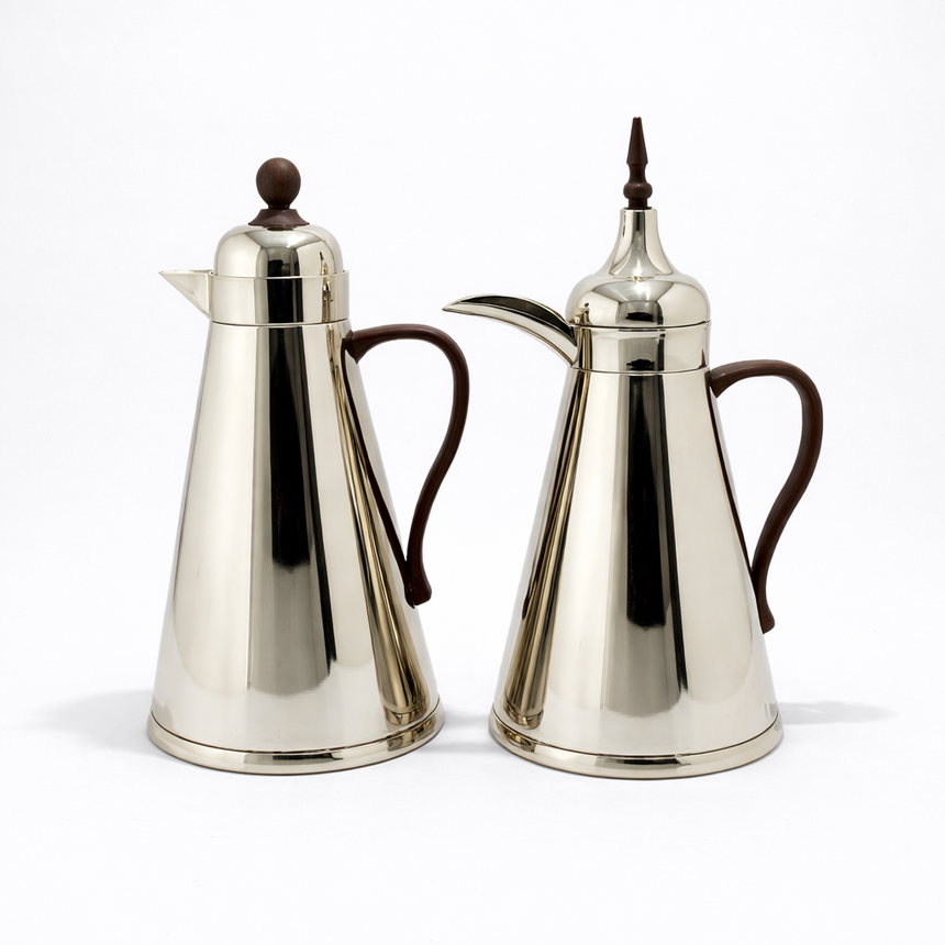 AFP-N-MDW Vacuum Flask Set – 2 Pieces (1L + 0.75L) – Polished Nickel with Dark Wood Handle