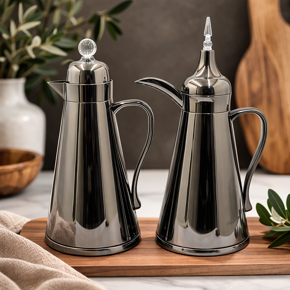 AFP-NBK-CLR vacuum flask set 2 pieces 1L nickel black thermal flasks with clear crystal lid from Siddiq Gift Shop
