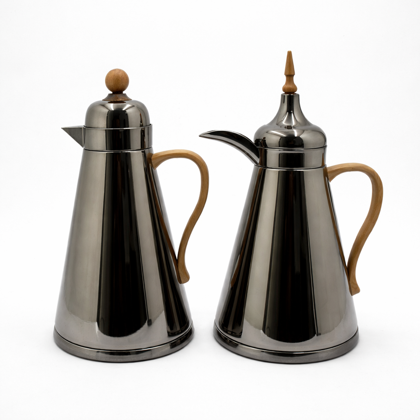 AFP-NBK-MLW Vacuum Flask Set – 2 Pieces (1L + 0.75L) – Nickel Black with Light Wood Handle