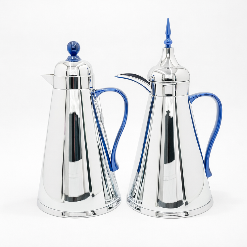 AFP-S-BLM Vacuum Flask Set – 2 Pieces (1L + 0.75L) – Silver Finish with Blue Handle and Lid Accent