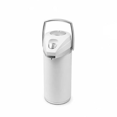 A white stainless steel water bottle with a carrying handle, shown on a plain white background.