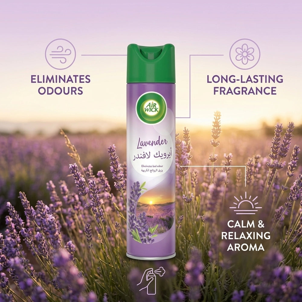 Air Wick Lavender room spray canister centered over a lavender field at sunset, with marketing text reading 'Eliminates Odours,' 'Long-Lasting Fragrance,' and 'Calm & Relaxing Aroma.'.