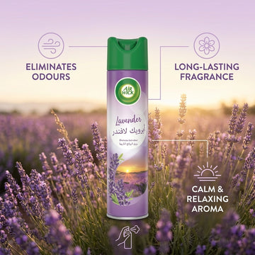 Air Wick Lavender room spray canister centered over a lavender field at sunset, with marketing text reading 'Eliminates Odours,' 'Long-Lasting Fragrance,' and 'Calm & Relaxing Aroma.'.