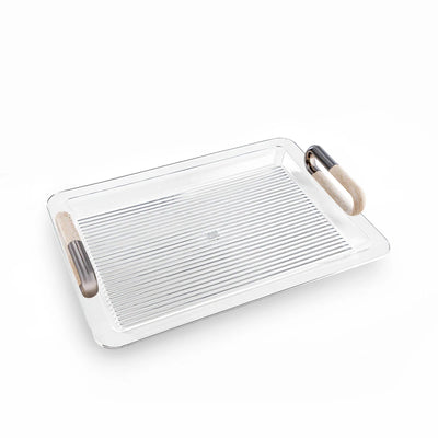 Almarjan Acrylic Serving Tray 50 CM Clear Acrylic with Gun Black and Travertine Marble Handles by Siddiq Gifts