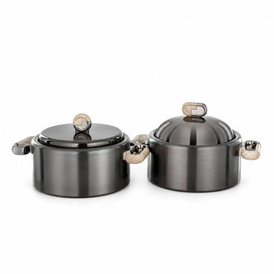 Almarjan EN833AB-GBL/TM Hot Pot Set 2-Piece 4 L + 4 L Brushed Matt Gun Black with Travertine Marble Accents Siddiq Gifts