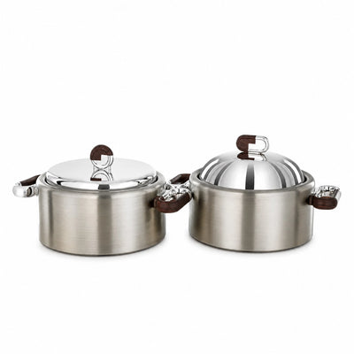 Almarjan Hot Pot Set 2-Piece 4 L + 4 L Brushed Matt Nickel with Dark Wood Accents by Siddiq Gifts