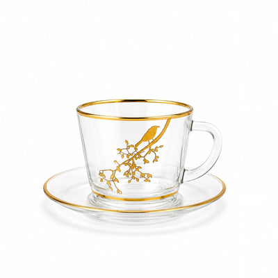 Almarjan Milk Cup And Saucer Set 12 Pieces Clear Glass With Gold Bird Design Siddiq Gifts