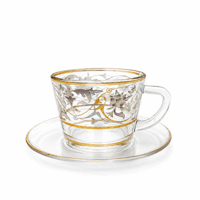 Almarjan Milk Cup And Saucer Set 12 Pieces Clear Glass With Gold Floral Design Siddiq Gifts