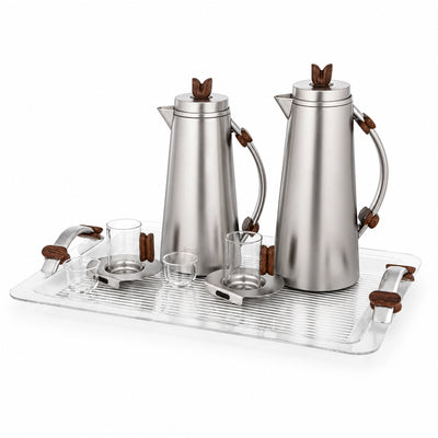 Almarjan Tea & Arabic Coffee Serving Set 21 Pieces Matte Nickel with Wooden Accents Siddiq Gifts