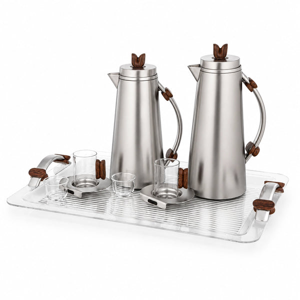 Almarjan Tea & Arabic Coffee Serving Set 21 Pieces Matte Nickel with Wooden Accents Siddiq Gifts
