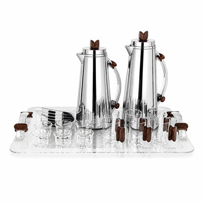 Almarjan Tea & Arabic Coffee Serving Set 21 Pieces Silver with Wooden Accents Siddiq Gifts