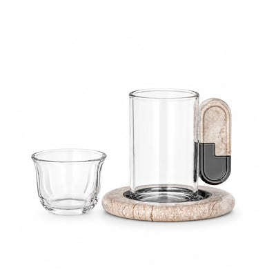 Almarjan Tea and Cawa Cup Set 18 Pieces Clear Glass with Gun Black and Travertine Marble Holders and Saucers by Siddiq Gifts