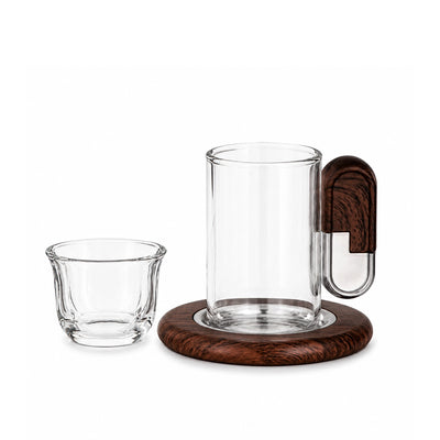 Almarjan Tea and Cawa Cup Set 18 Pieces Clear Glass with Nickel and Dark Wood Holders and Saucers by Siddiq Gifts