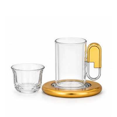 Almarjan Tea and Cawa Cup Set 18 Pieces Clear Glass with Nickel and Matte Gold Holders and Saucers by Siddiq Gifts