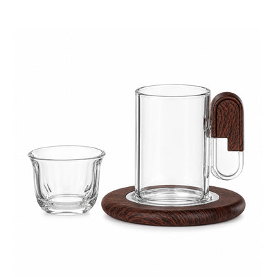 Almarjan Tea and Cawa Cup Set 18 Pieces Clear Glass with Silver and Dark Wood Holders and Saucers by Siddiq Gifts