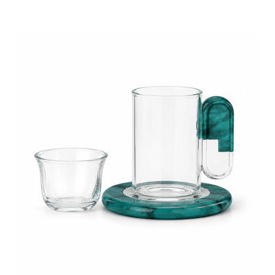 Almarjan Tea and Cawa Cup Set 18 Pieces Clear Glass with Silver and Tiffany Holders and Saucers by Siddiq Gifts