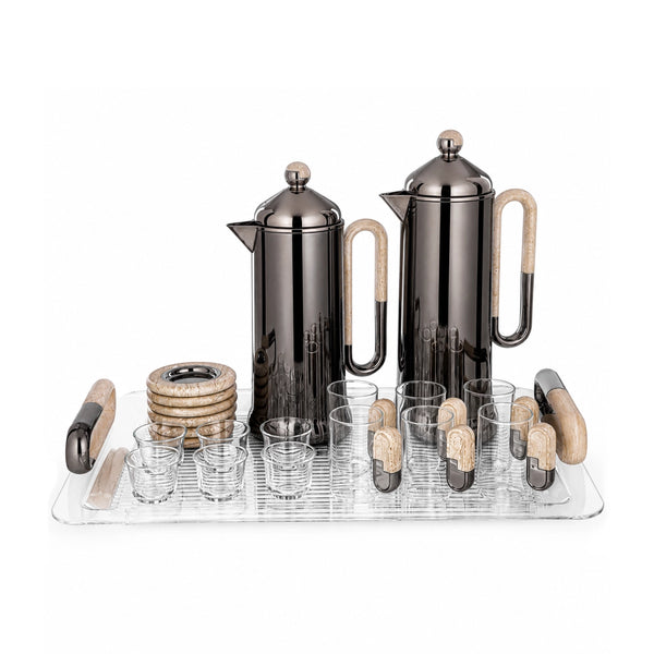 Almarjan Tea and Coffee Serving Set 21 Pieces Gun Black with Travertine Marble Accents by Siddiq Gifts