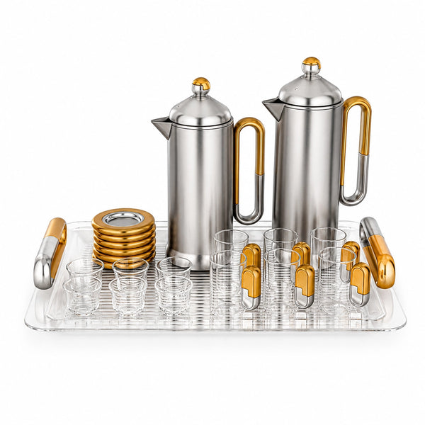 Almarjan Tea and Coffee Serving Set 21 Pieces Nickel with Matte Gold Accents Siddiq Gifts