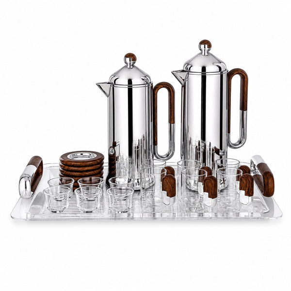 Almarjan Tea and Coffee Serving Set 21 Pieces Silver with Dark Wood Accents Siddiq Gifts