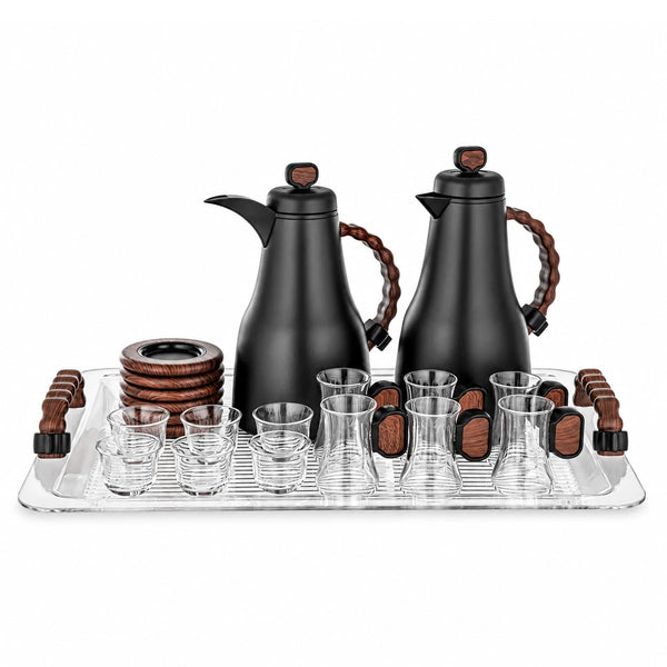 Almarjan Tea and Coffee Serving Set 21 Pieces 0.7L and 1.0L Black with Dark Wooden Accents Siddiq Gifts