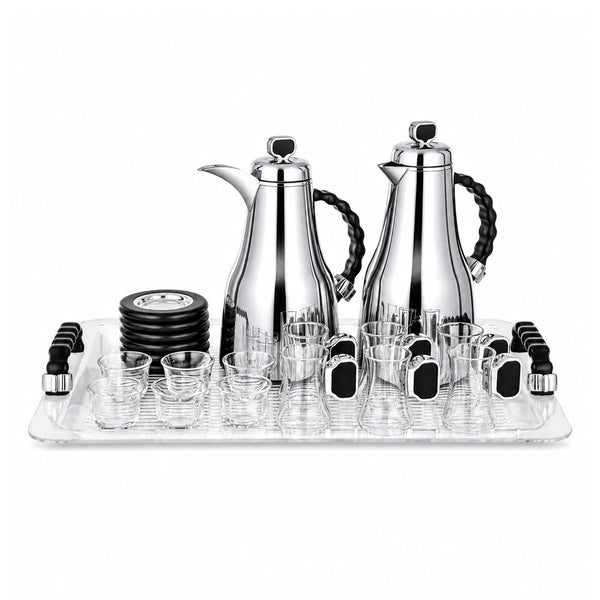 Almarjan Tea and Coffee Serving Set 21 Pieces 0.7L and 1.0L Brushed Silver with Black Accents Siddiq Gifts